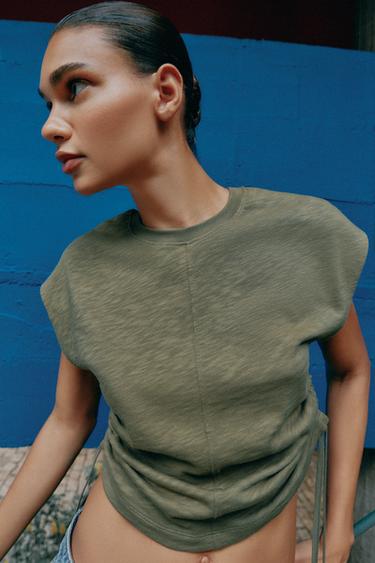 Zara RUCHED RUSTIC T-SHIRT - Khaki