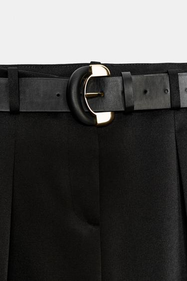 Zara SATIN BARREL BELTED PANTS - Black