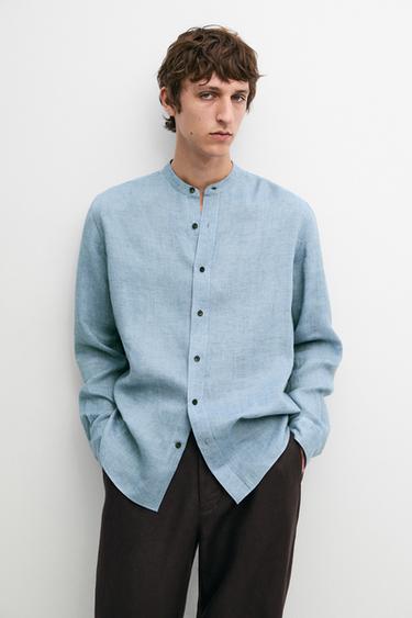 Zara Regular fit contrast button 100% linen shirt - Blue
