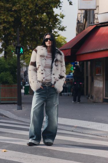 SHORT ANIMAL PRINT FAUX FUR COAT - brown/white by Zara