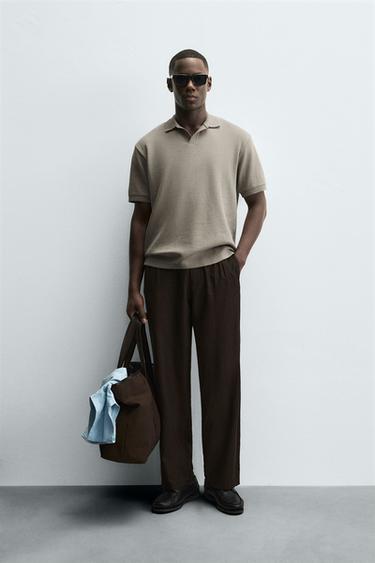 Zara TEXTURED REGULAR FIT POLO SHIRT - taupe brown