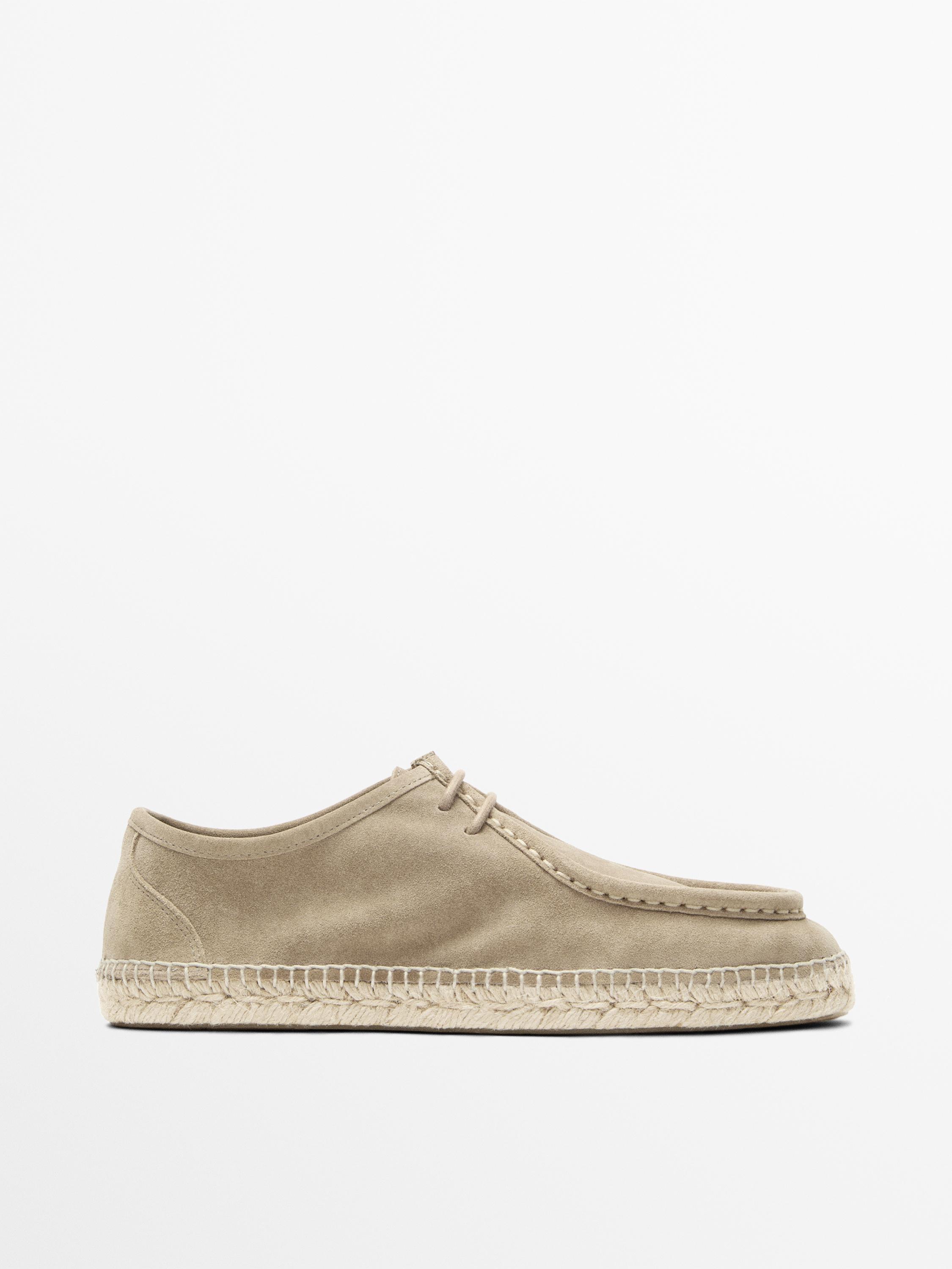 Split leather shoes with moc toe and jute sole — Sandy Brown