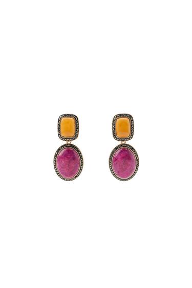 Multicoloured earrings with a rectangular yellow stone and an oval pink drop, edged with small sparkles. Butterfly and clip fastening.
