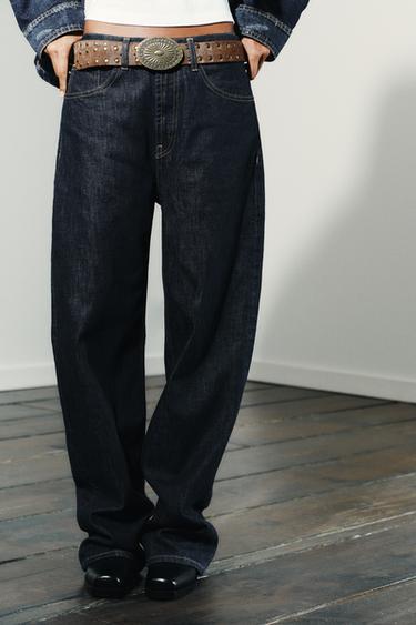 TRF STRAIGHT HIGH-WAIST JEANS WITH BELT LOOPS - Dark indigo by Zara