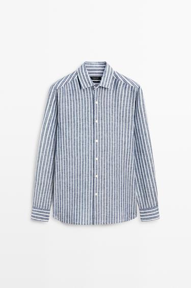 Zara Regular fit striped 100% linen shirt - Blue
