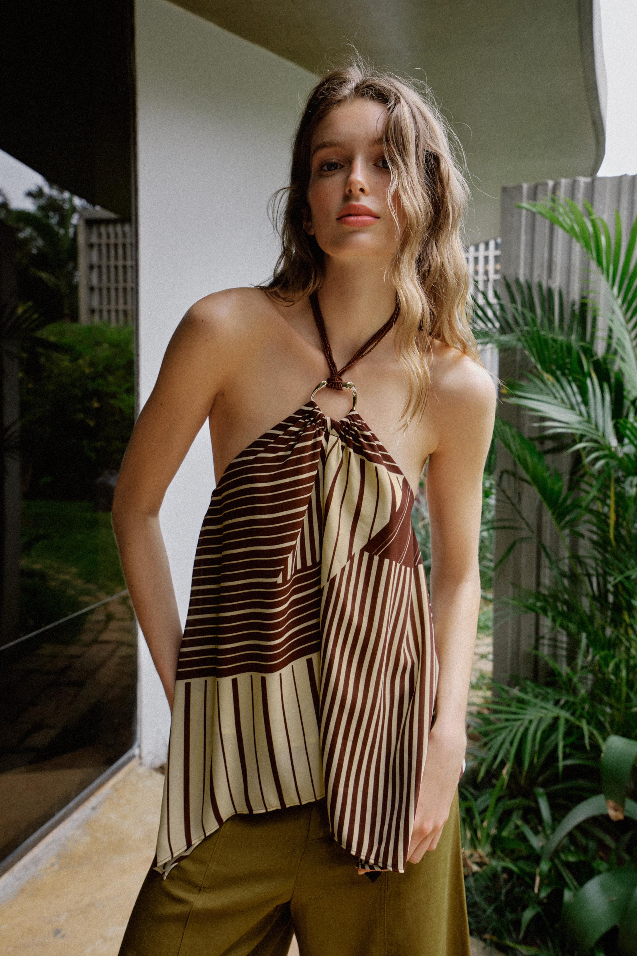 BEADED PRINT HALTER TOP