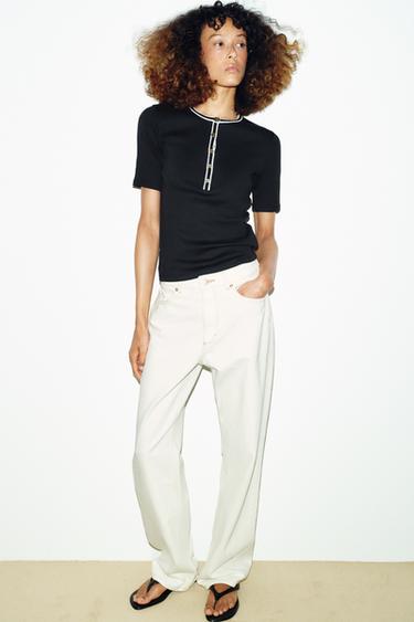 Zara KONTRASTSE KANDIGA T-SÄRK - Black / White - Pilt 0