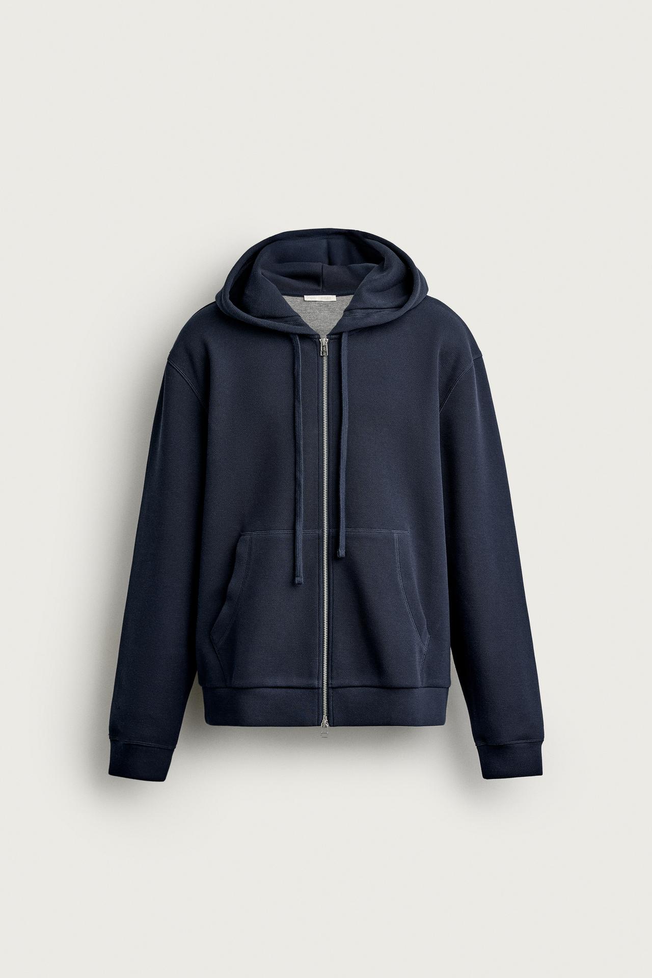 CONTRAST PIQUÉ HOODIE — Navy blue