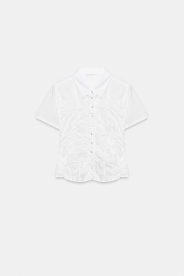 Zara 縮褶府綢襯衫 - 白色