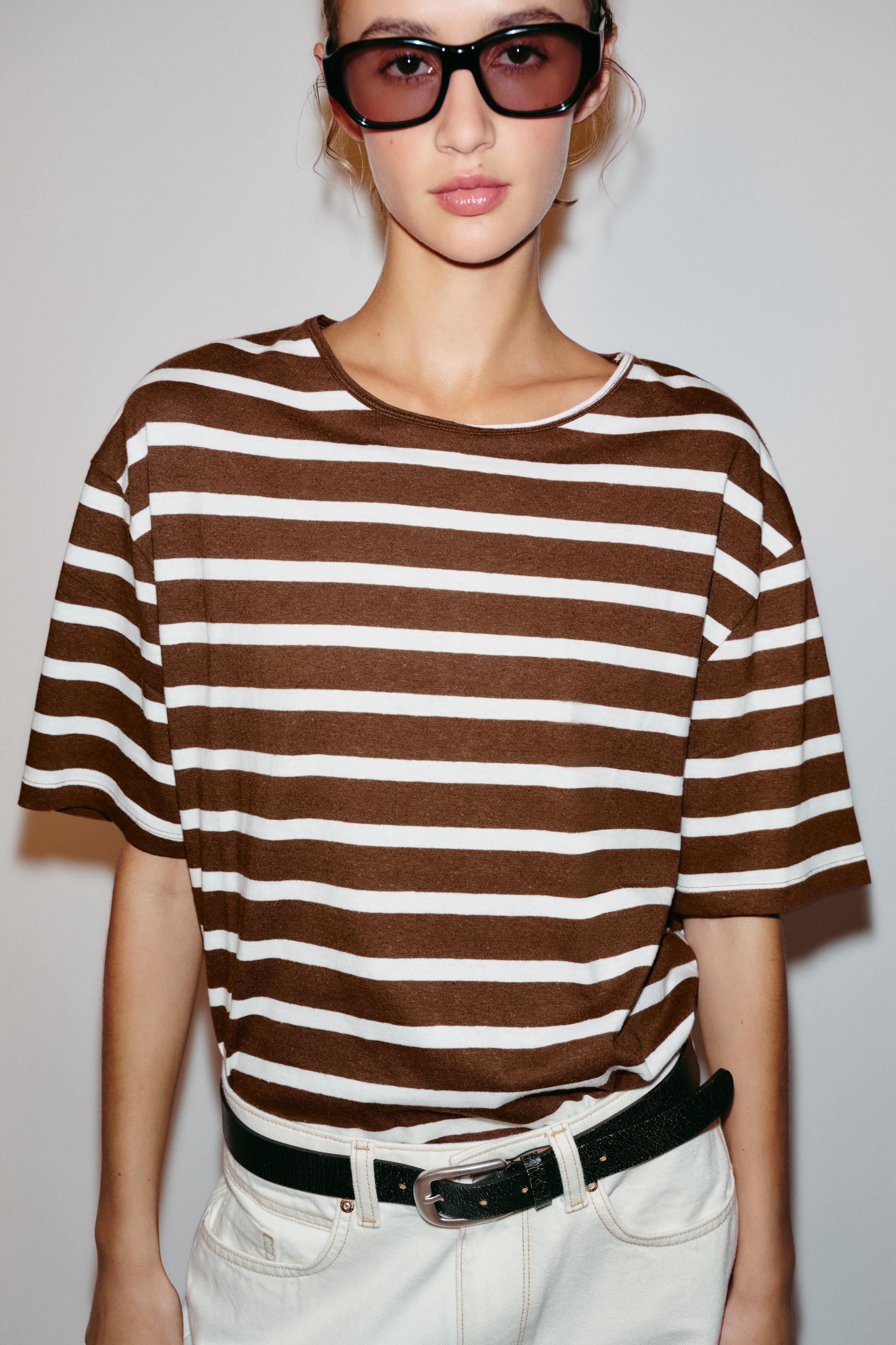 STRIPED SHORT SLEEVE T-SHIRT — Brown