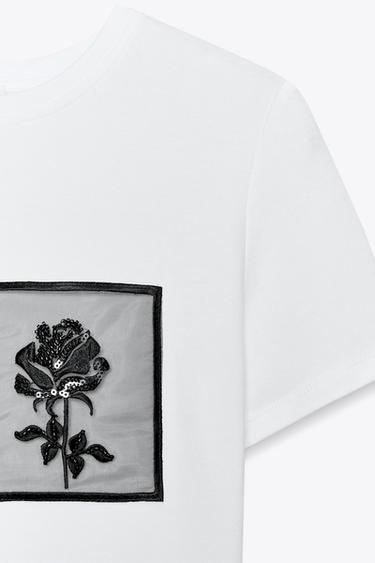 T-SHIRT WITH FLOWER POCKET - White by Zara - Image 6