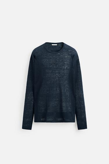 100% LINEN SWEATER - Navy blue by Zara - Image 7