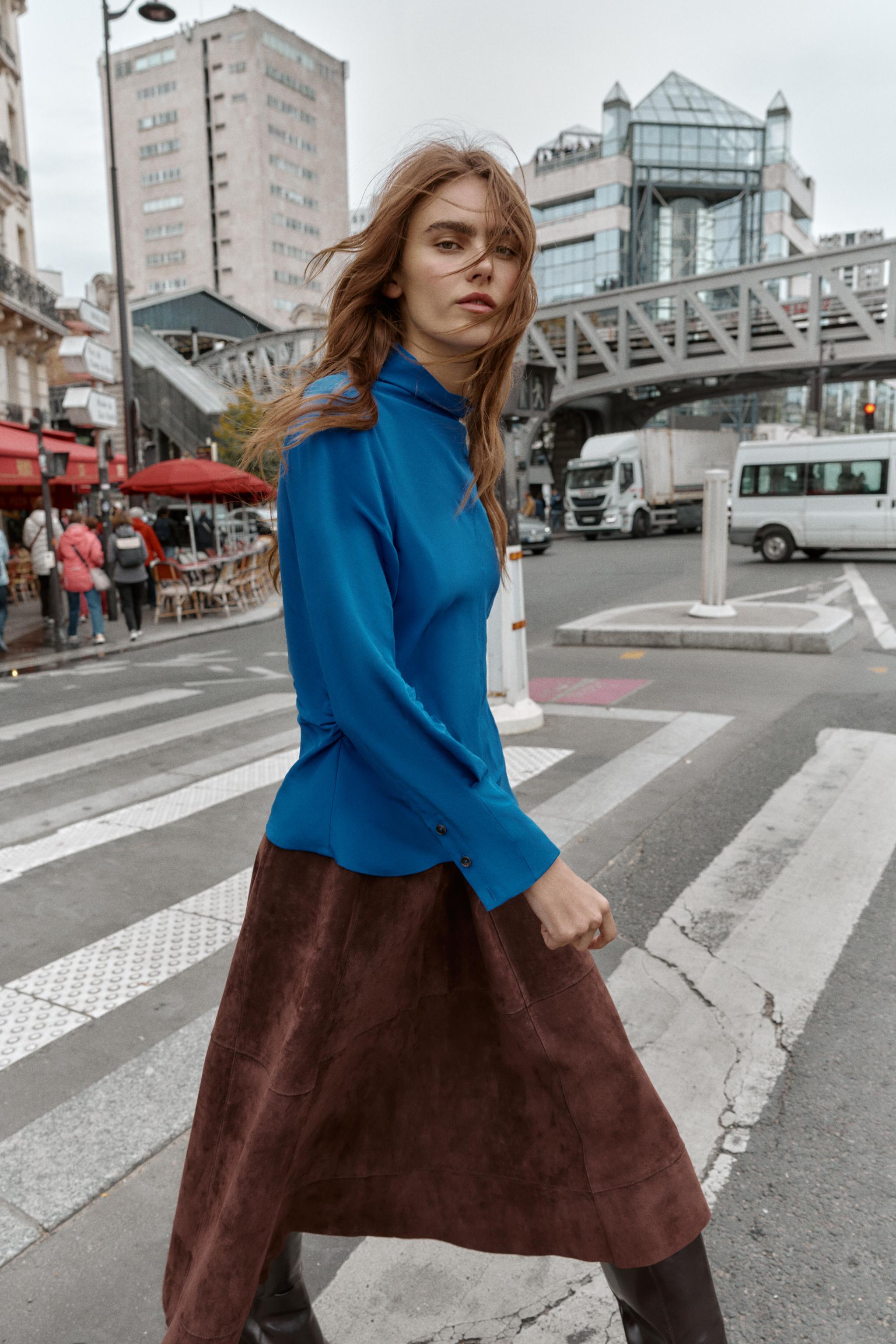 ZARA 千鳥格子柄 シャツ ハイネック ブラウス モノトーン フリル  L ZARA 千鳥格子柄 シャツ ハイネック ブラウス モノトーン フリル L