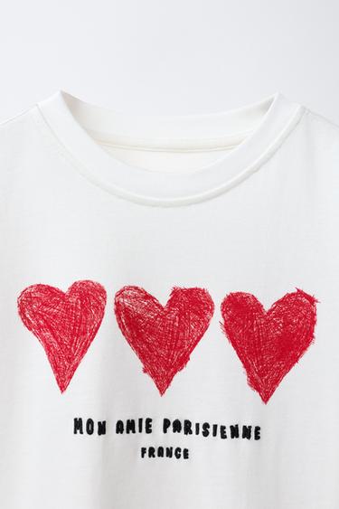 T-SHIRT CŒURS INSCRIPTION BRODÉE - Blanc de Zara - Image 2