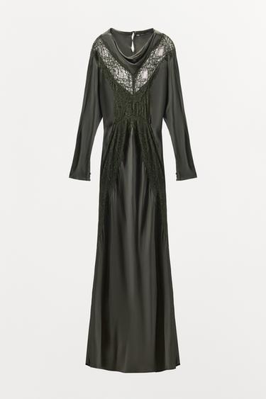 BATWING LACE SATIN DRESS - Green by Zara