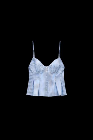 Zara PLEATED POPLIN TOP - Blue / White - Image 0