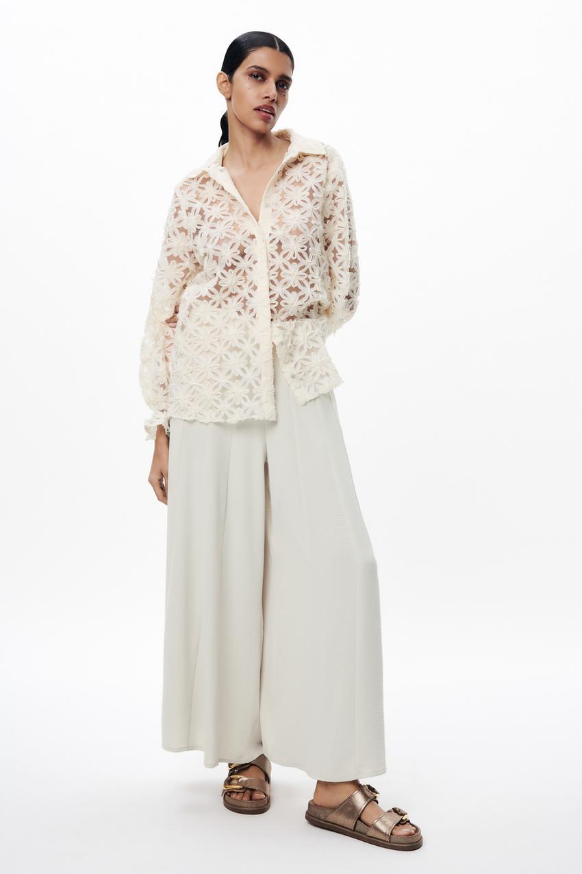 WIDE-LEG HIGH-WAIST TROUSERS - Oyster-white