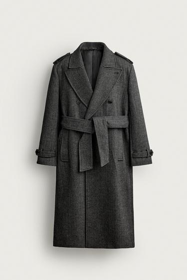 Двубортное шерстяное пальто с поясом — СЕРЫЙ от Zara