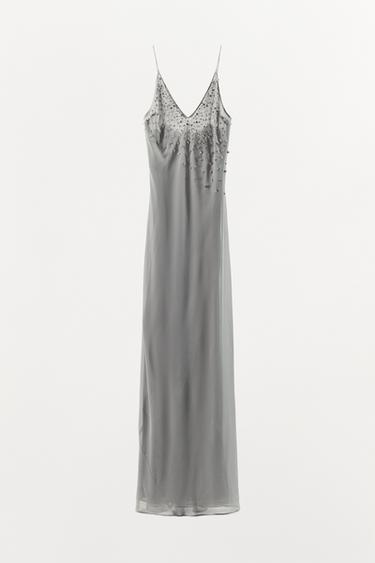 VESTIDO DE GEORGETTE COM ALÇAS E JOIAS - Cinzento da Zara