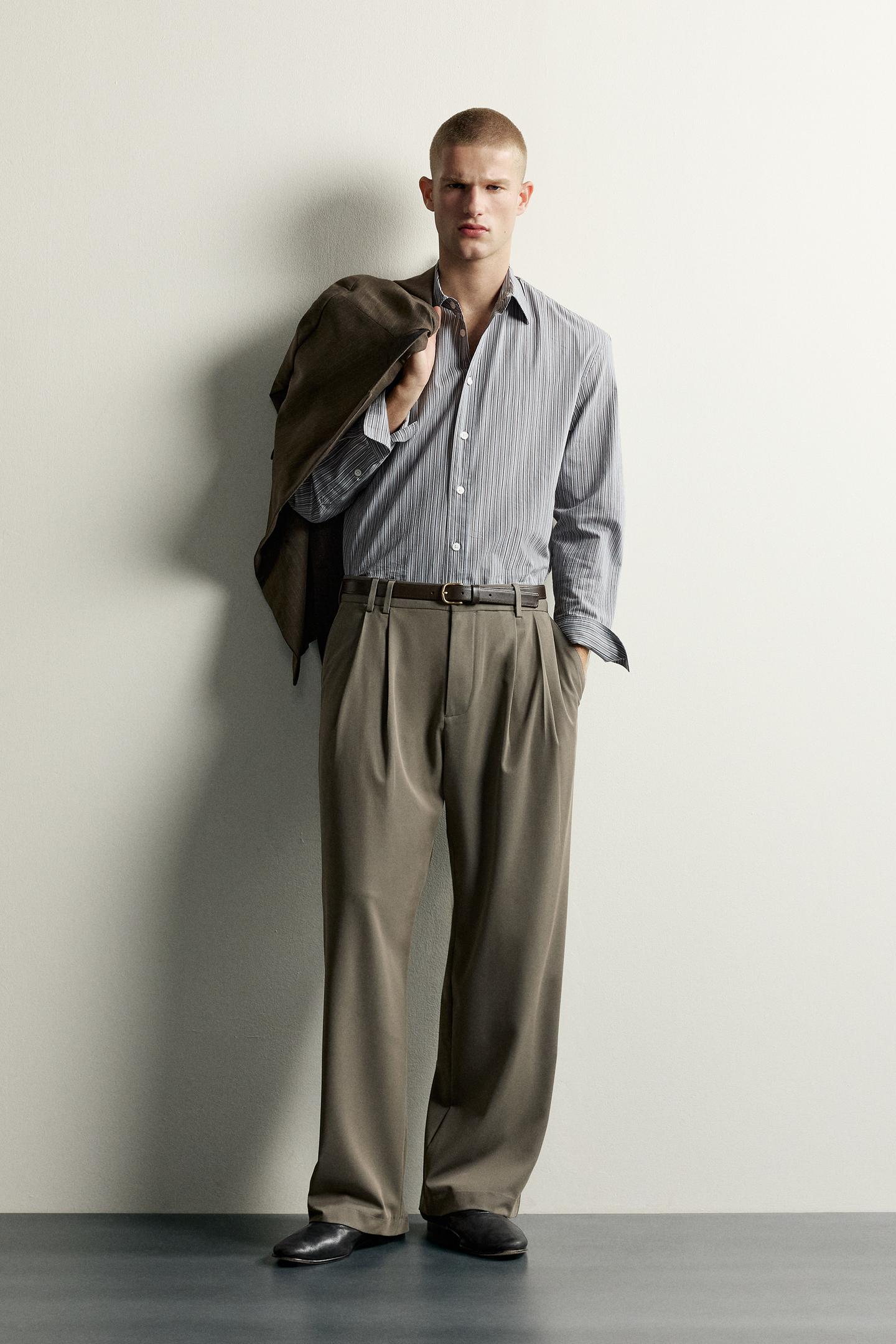 Мужские брюки Zara Pleated Wide-Fit, цвет: Серо-коричневый серый — фото 1