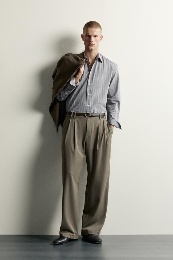 WIDE-LEG PLEATED TROUSERS - Taupe grey by Zara - Image 0