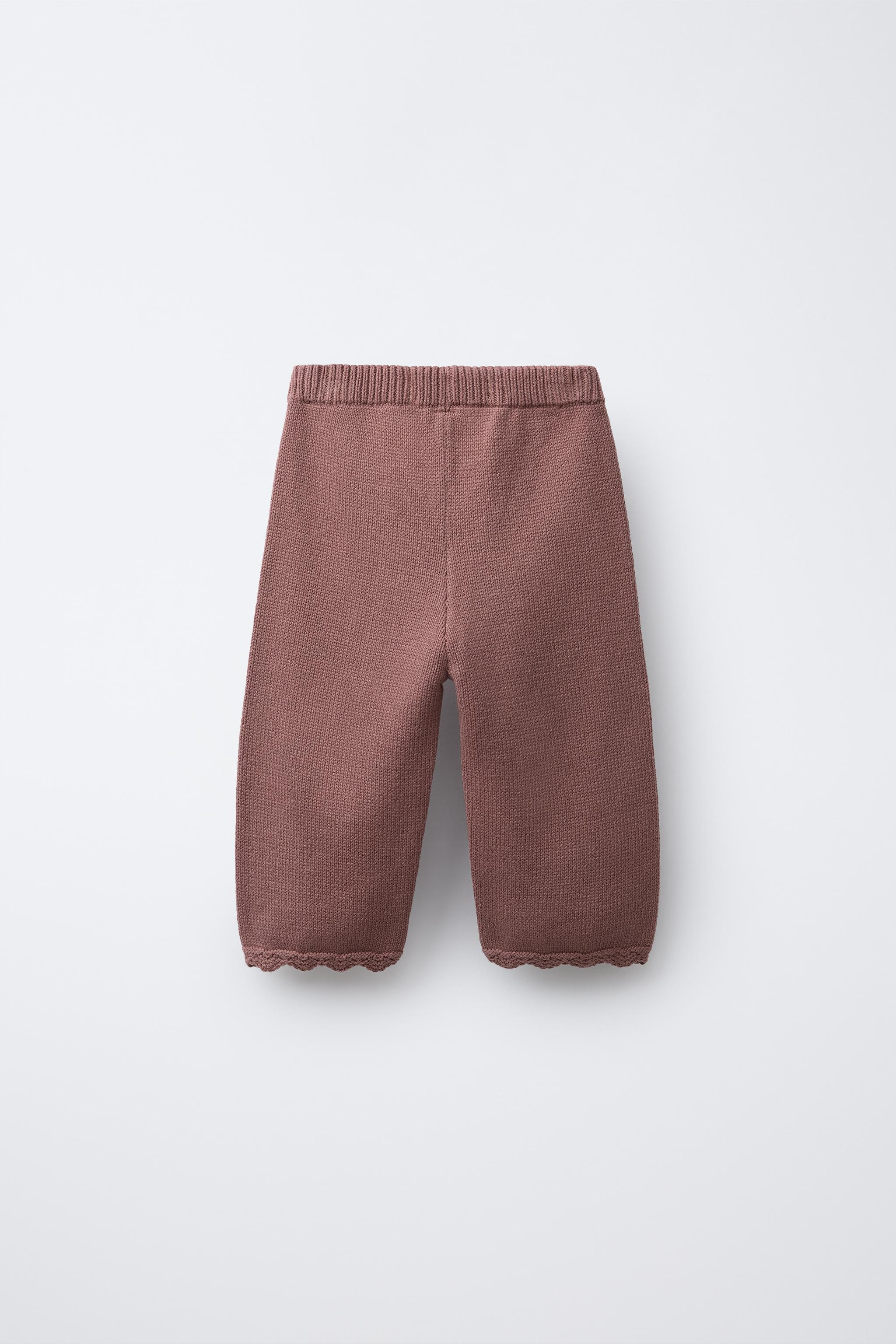 EMBROIDERED KNIT STRAIGHT LEG PANTS - Pink / Mauve | ZARA