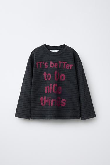 FADED-EFFECT STRIPED T-SHIRT WITH SLOGAN - Anthracite grey by Zara