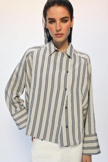 Zara PREDIMENZIONIRANA PRUGASTA KOŠULJA ZW COLLECTION – bež / mornarsko plava