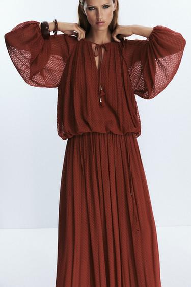 Zara TASSEL PLEATED BLOUSE - Brick