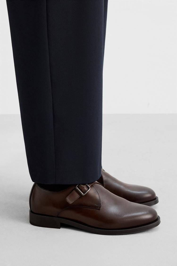 LEATHER SHOES WITH BUCKLE Brown ZARA India