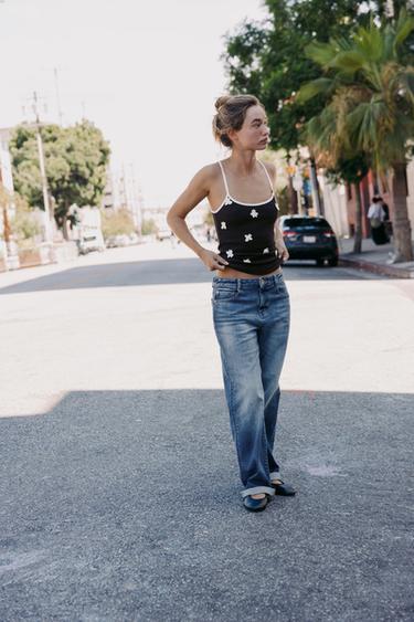 Zara RIBBED FLORAL TOP - Brown - Image 0