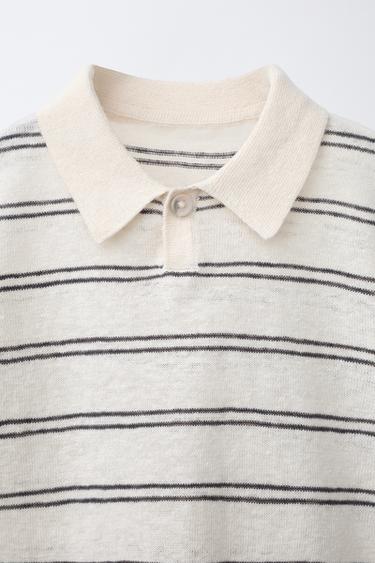 LINEN COTTON KNIT POLO SHIRT - Ecru / Brown by Zara - Image 2