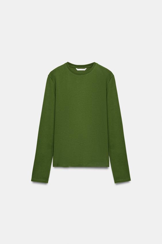 long sleeve interlock T-shirt - Green by Zara - Image 0