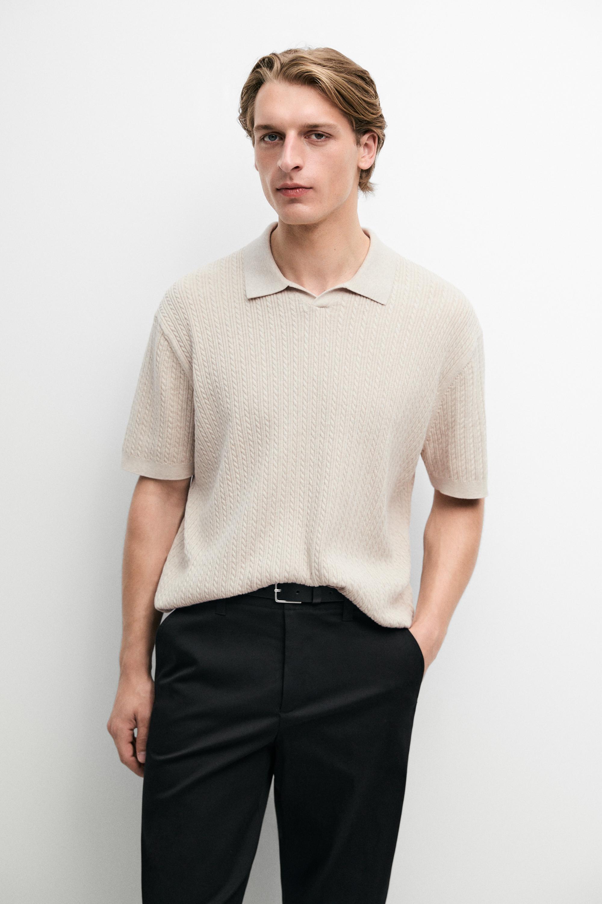 100% cotton cable-knit polo sweater — Beige