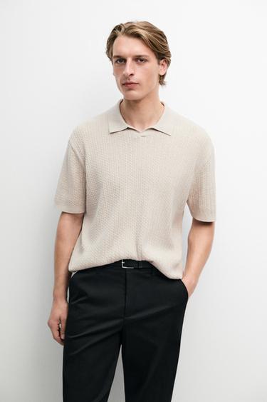 Zara 100% cotton cable-knit polo sweater - Beige