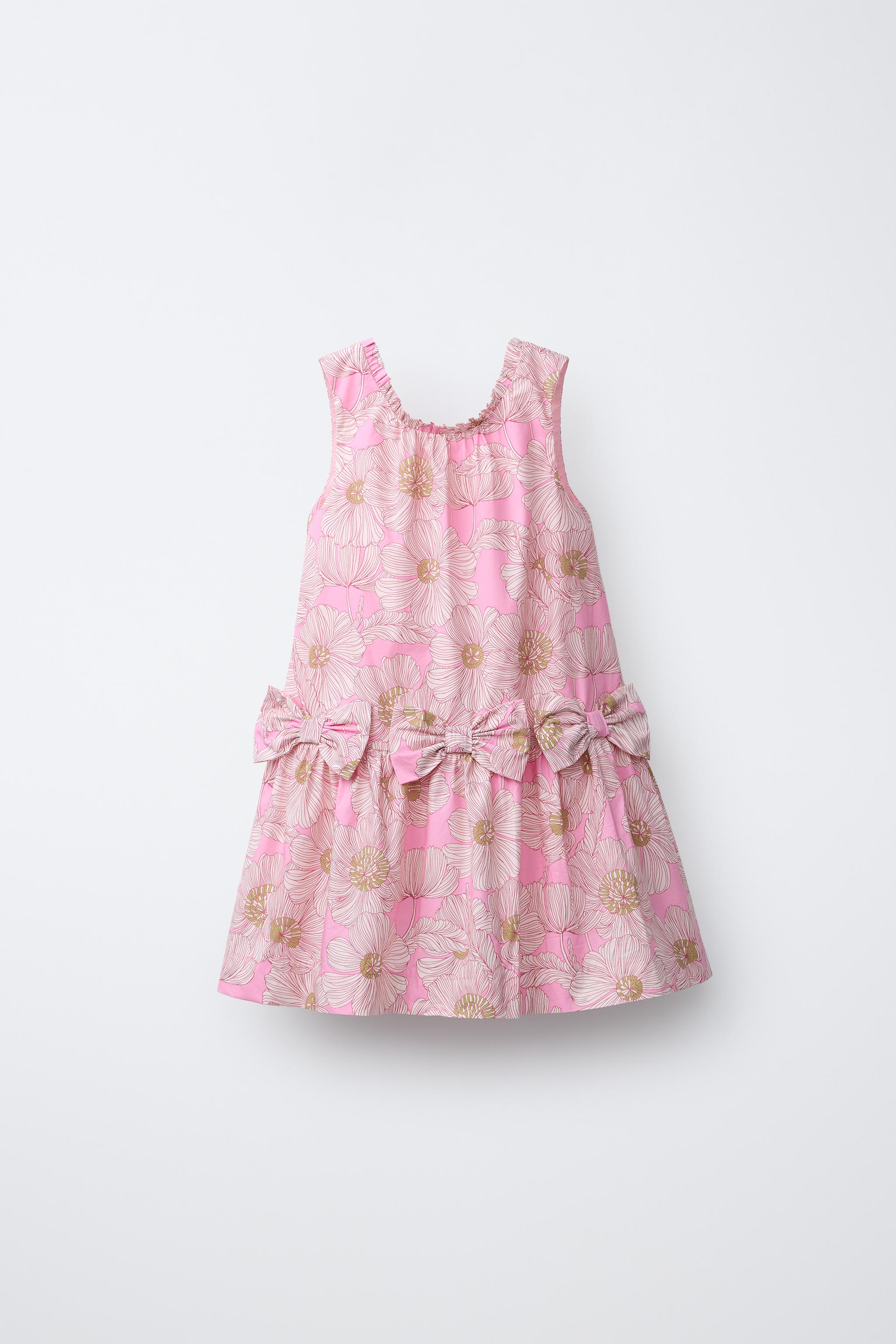 FLORAL POPLIN DRESS WITH BOWS — Pink