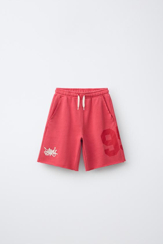 Zara 數字塗鴉絨布短褲 - 深紅色 - 圖片 0
