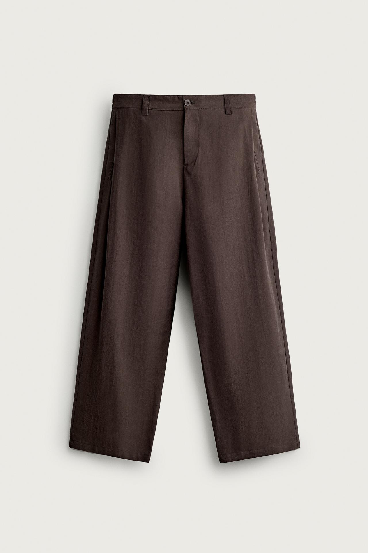 FLOWY SIDE PLEAT PANTS — Brown