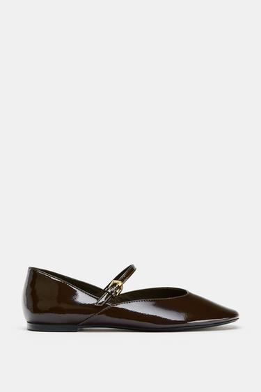 FAUX PATENT STRAPPY BALLET FLATS - Brown by Zara