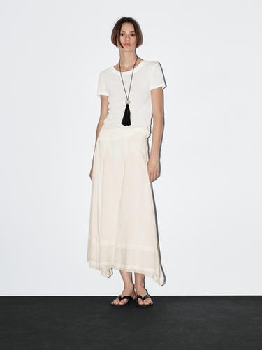 Zara Cotton blend midi skirt with seam details - Ecru