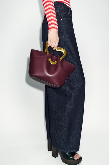 Zara METAL-HANDLE HANDBAG - Burgundy Red