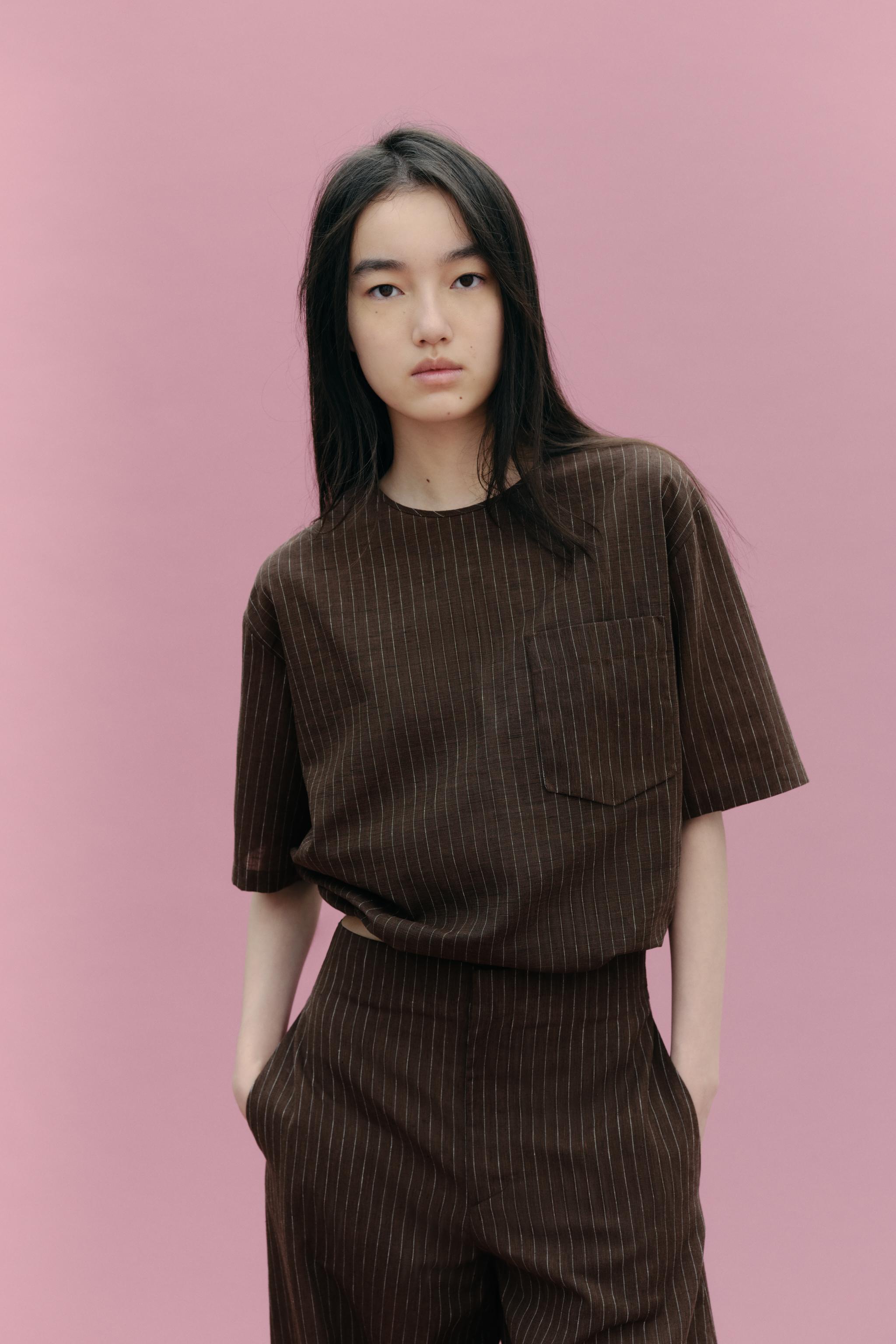 ZW COLLECTION リネン混紡ストライプ柄トップス - ブラウン