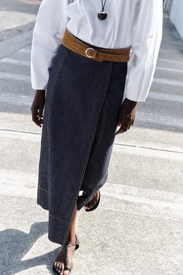 JUPE Z1975 MI-LONGUE EN DENIM À CEINTURE - Bleu de Zara - Image 4