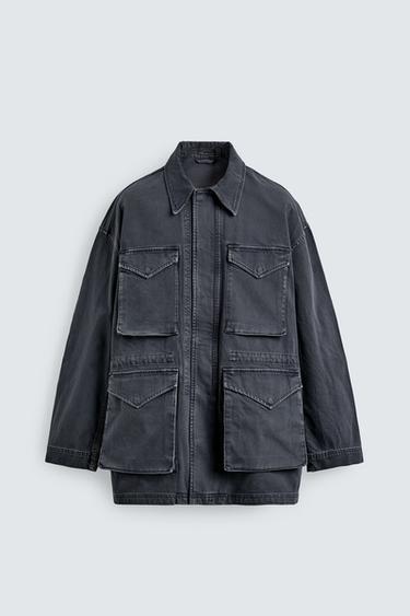 Zara 水洗紋理棉質派克外套 - 淺靛青色