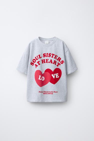 Zara HEART PRINT T-SHIRT - Gray / Tan