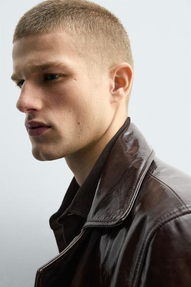 Zara 亮面真皮夾克 - 深棕色