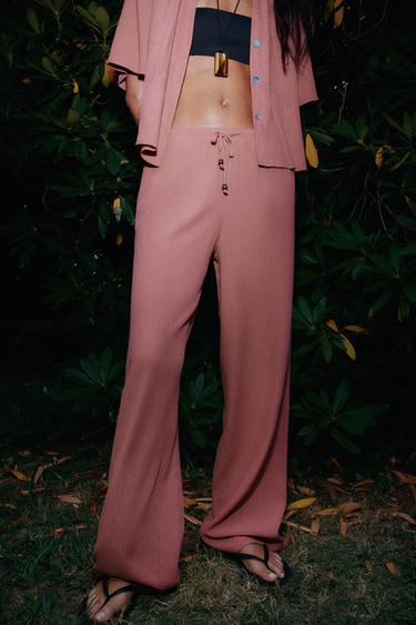 Zara WRINKLE EFFECT WIDE LEG PANTS - MARSALA