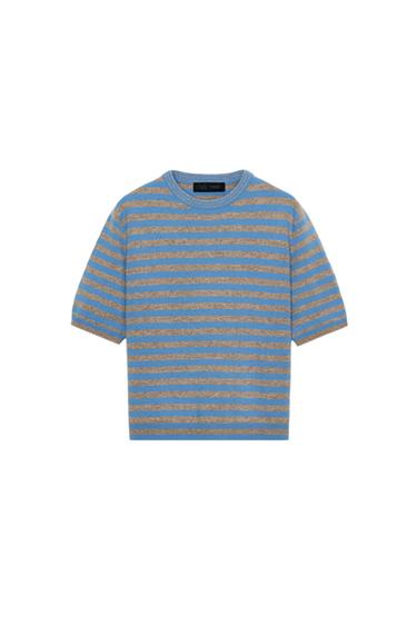 Zara 100% 羊毛短袖條紋針織衫 - 灰色 / 藍色