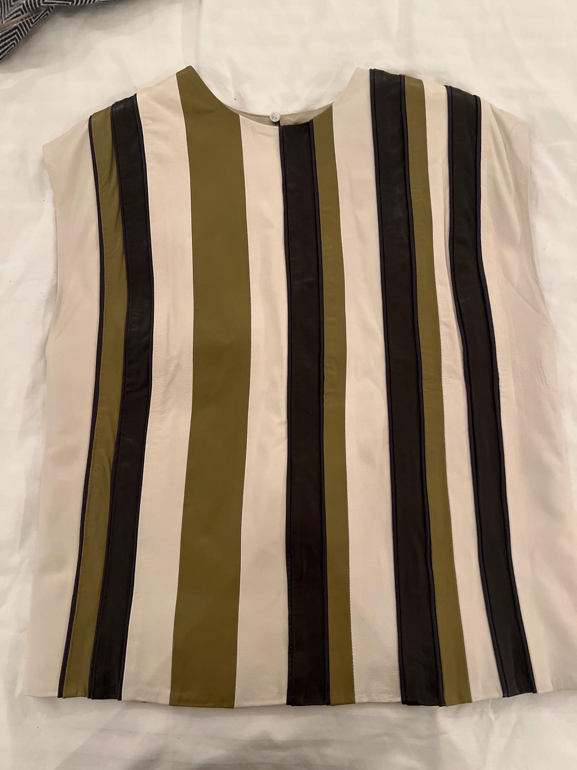 Sleeveless blouse with vertical stripes in beige, olive green, and black tones, on a white background.