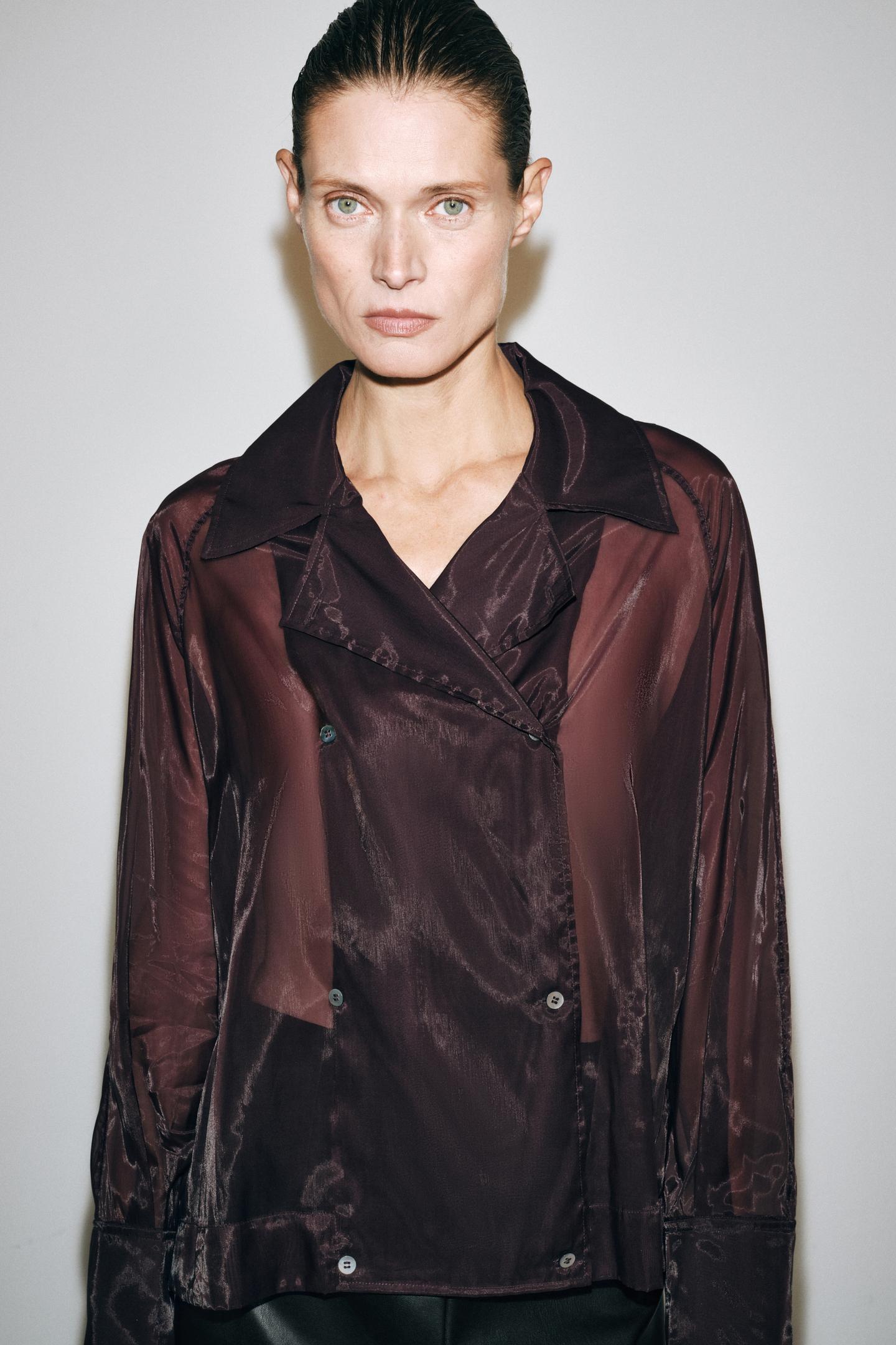 Женская рубашка Zara ZW Collection Organza, цвет: Бордовый — фото 2